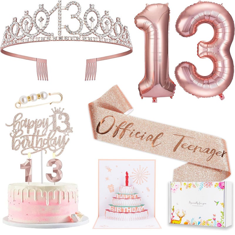 Awfrky 8pcs 13 Birthday Decorations for Girls  Including 13th Happy Birthday Cake Toppers  Birthday Queen Sash with Pearl Pin  Sweet Rhinestone Tiara Crown  Number Candles and Balloons Set  Rose Gold - Image 1